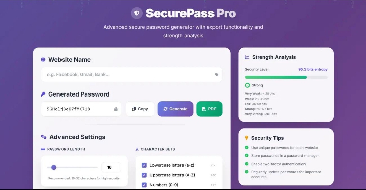 Strong unique passwords generated by a password manager