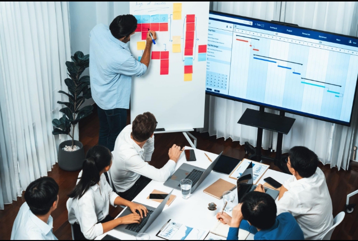Team collaboration during a project management meeting