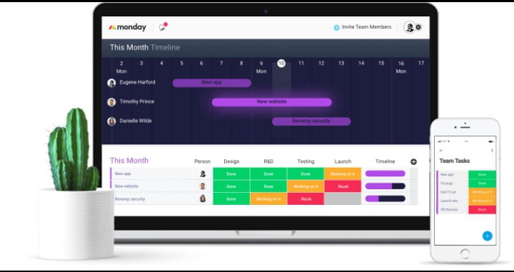 Modern project management dashboard on a laptop for Monday.com.