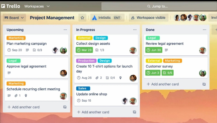 Kanban board showing tasks moving through project stages.
