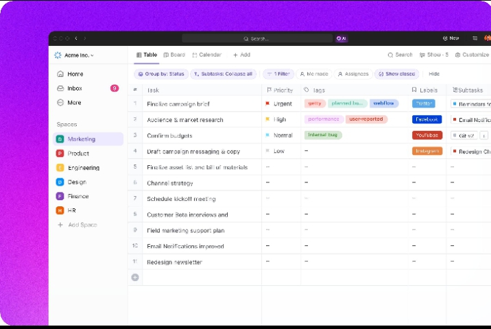 ClickUp task management board showing priorities and deadlines.